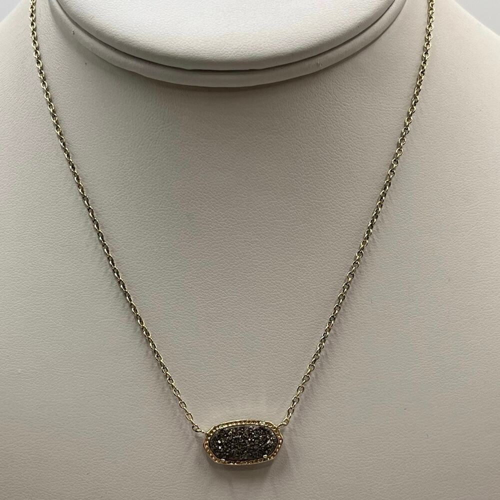 Kendra Scott Elisa Silver Gray Platinum Drusy Pendant Gold Plated Necklace‎